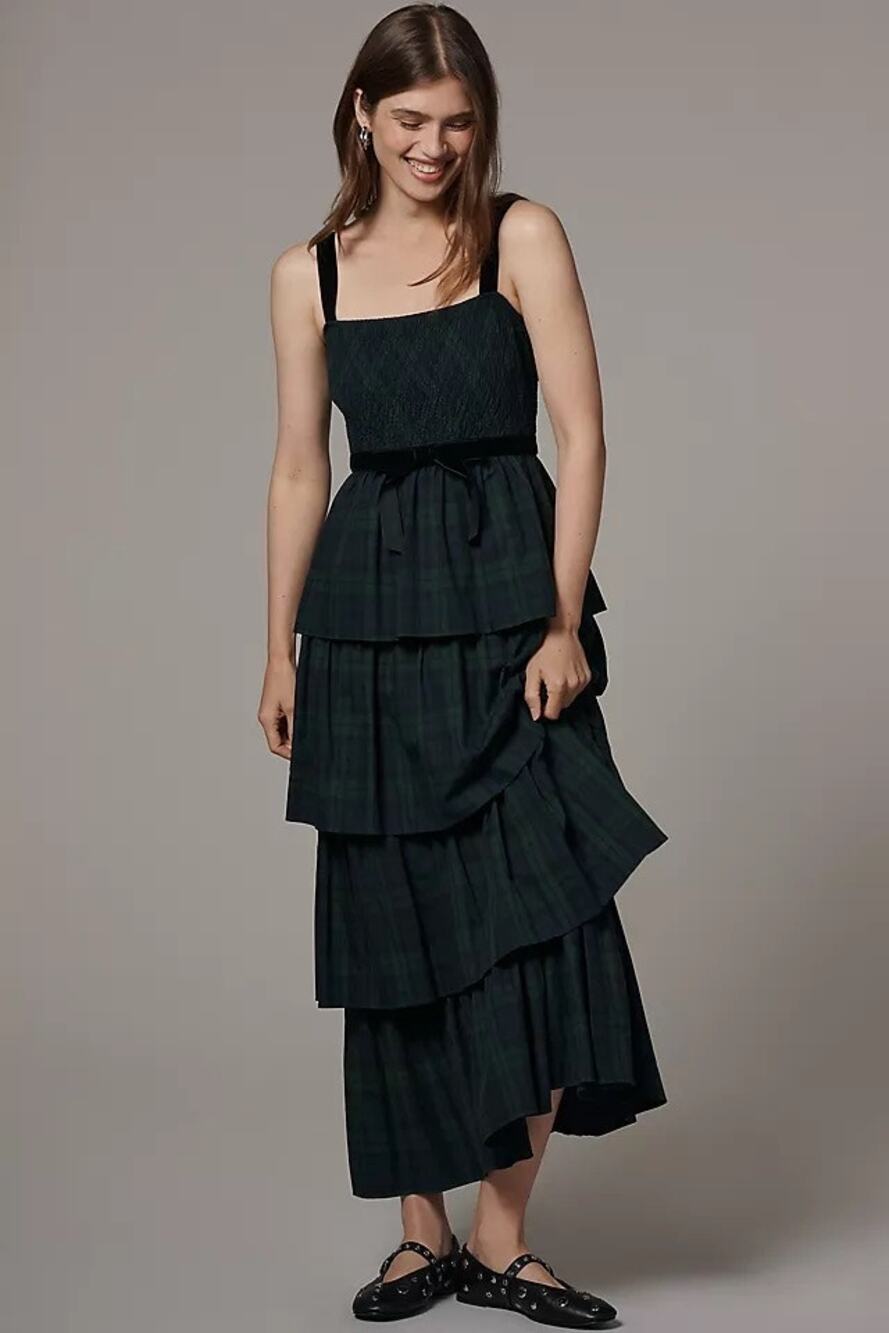 Anthropologie Saylor NWT Noel Square Neck Tiered Maxi Dress Green Tartan Sz M